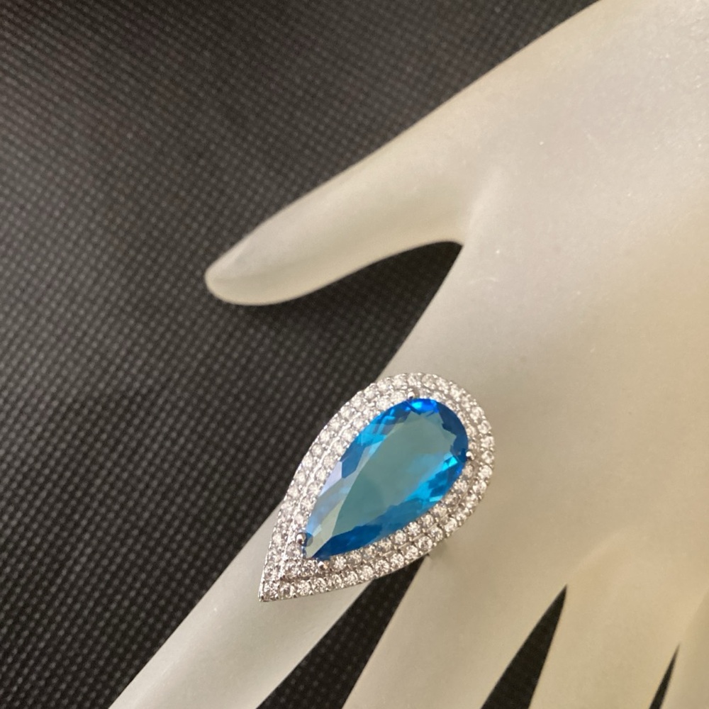 20mm Teardrop Sterling Silver Aquamarine & White Topaz Ring 7